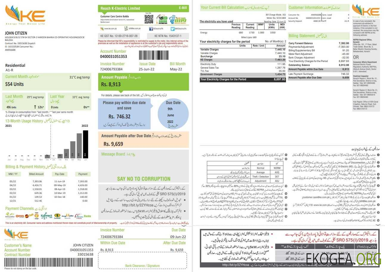 Pakistan KE Electricity bill template in Word and PDF format, 2 pages
